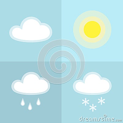 Sun cloud rain snow simple icon Isolated on blue background Icon symbol sunny cloudy rainy snowy weather Flat design element Vector Illustration