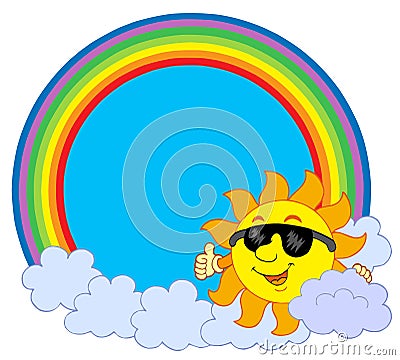 Sun with cloud in rainbow circle Vector Illustration