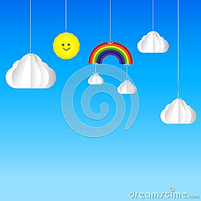 Sun cloud rainbow hanging on threads - sky background Vector Illustration