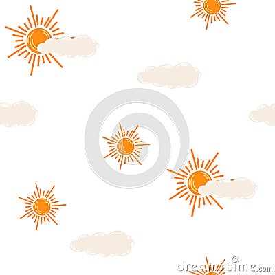 Sun with a cloud seamless pattern. Weather forecast. Meteorological. Cloudy weather Perfect for cards, posters, banners, textile, Vector Illustration