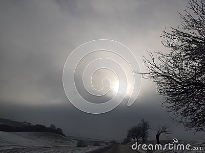 Sun cloud trees road happy sad feel Stock Photo