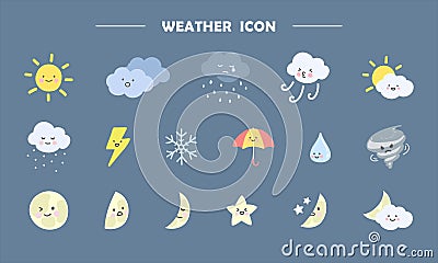 Sun and cloud weather icons with emoticons, suitable for recording the weather in a diary Vector Illustration