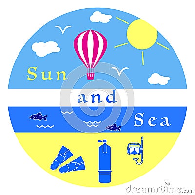 Summer rest. Air balloon. Equipment for diving. Vector Illustration