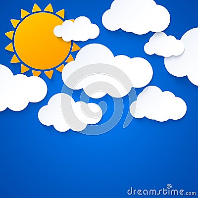 Sun and clouds on blue sky background Vector Illustration