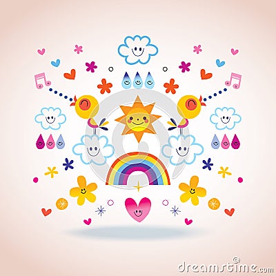 Sun clouds rainbow birds raindrops flowers Vector Illustration