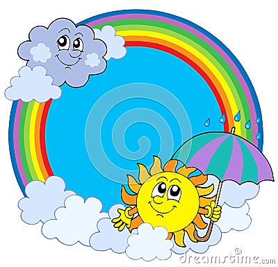 Sun and clouds in rainbow circle Vector Illustration