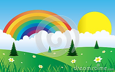 Sun and clouds with rainbow landscape Vector Illustration