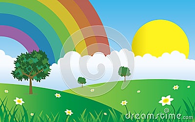 Sun and clouds with rainbow landscape Vector Illustration