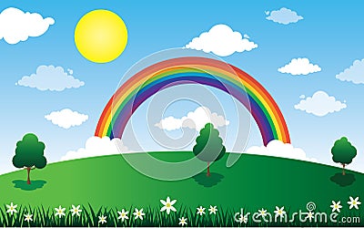 Sun and clouds with rainbow landscape Vector Illustration