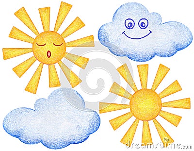 The sun and the clouds are smiling, A set of color illustrations drawn by hand with colored pencils Cartoon Illustration