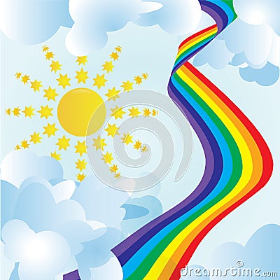 Sun, clouds and unusual rainbow Vector Illustration