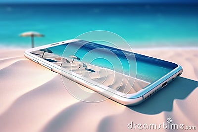 sand concept creative phone summer cyber mock holiday sea palm up. Generative AI. Cartoon Illustration