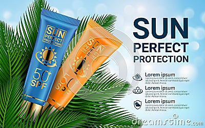 Sun Cosmetics Protection Sunscreen Product Ads. Sunblock Cosmetic 3D Realistic Packaging Mockup Design Template. Exotic Vector Illustration