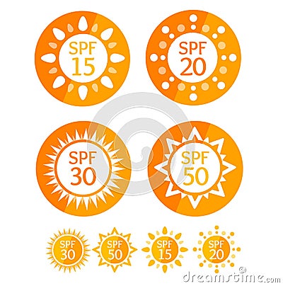 Sun Cream Round Orange Labels Spf Set. Vector Vector Illustration