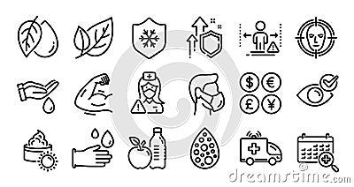 Sun cream, Strong arm and Rubber gloves line icons set. Vector Vector Illustration