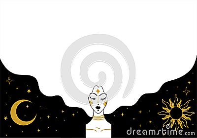 Sun, crescent and portrait of a girl against the background of the starry sky, mystical banner for astrology and tarot Vector Illustration