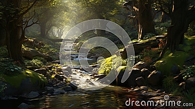 a sun-dappled forest with a babbling brook Stock Photo