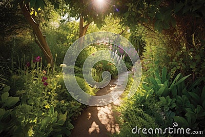 a sun-dappled path through a garden of fresh growth Stock Photo