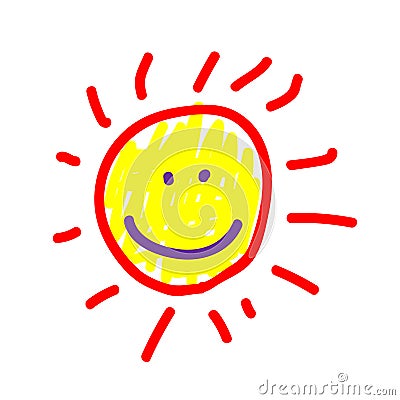 Sun in a deliberately childish style. Imitation child drawing. Kid sketch, painting felt-tip pen or marker, icon. Kid painted Vector Illustration