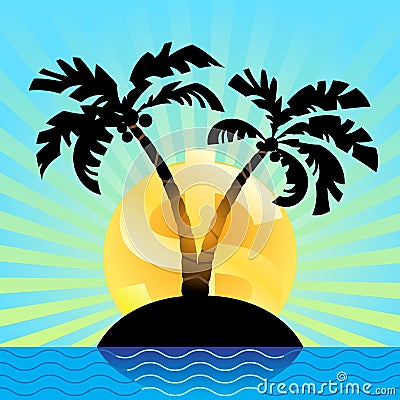 The sun dollar rises over a offshore island. Financial concept. Vector Illustration