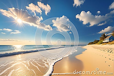 Sun-Drenched Beach, Waves Gently Lapping the Shore, Footprints in the Soft Golden Sand Leading Toward the Horizon Stock Photo