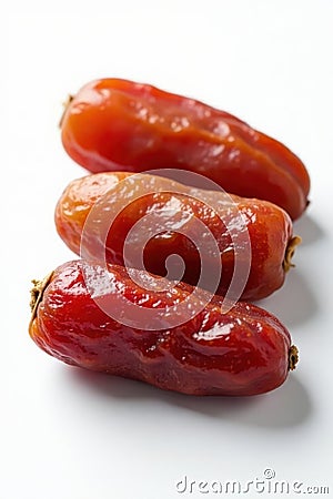 Sun dried dates, three, showing deep wrinkles rich color White backdrop , isolated, detail, macro Stock Photo