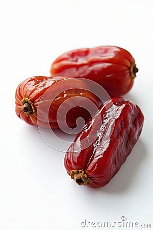 Sun dried dates, three, showing deep wrinkles rich color White backdrop , medjool dates, ajwa dates Stock Photo