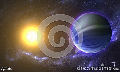 The sun and Earth-like planet from space point of view on cosmic background. Vector illustration for your presentations Vector Illustration