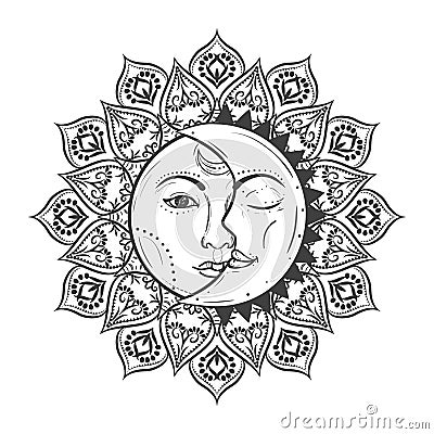 Sun eclipse concept. Vector illlustration of astronomy and astrology symbol. Vintage, boho, gypsy style Vector Illustration