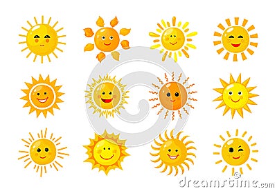 Sun emoji. Funny summer spring sunshine rays sun baby happy morning emoticons. Sunny smiling faces vector solar icons Vector Illustration