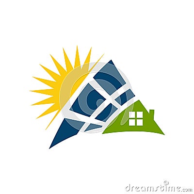 Sun Energy Solar panels logo house and template for green power and natural electricity Vector Illustration