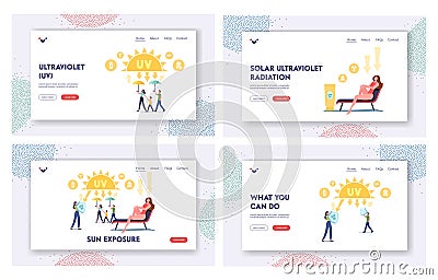 Sun Exposure Landing Page Template Set. Uv Radiation, Solar Ultraviolet Protection. Characters with Shield Reflect Light Vector Illustration