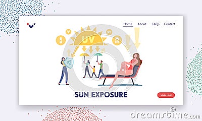 Sun Exposure Landing Page Template. Uv Radiation, Solar Ultraviolet Protection. Characters with Shields Reflect Sunlight Vector Illustration