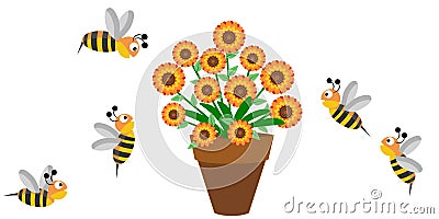 Sun Flower and Bees Illustration Vector Background Vector Illustration