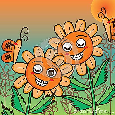 Sun flower orange butterfly cute card Vector Illustration