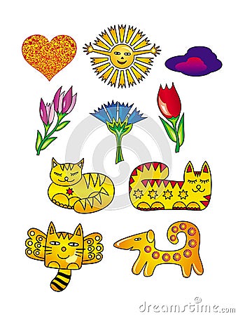 Sun, flowers, cats, hearts, and a dog. Cartoon drawings. Artistic funny background. Vector Illustration