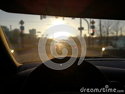 Sun glare through front window of the car Stock Photo