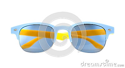 Sun glasses blue yellow isolated on white Stock Photo