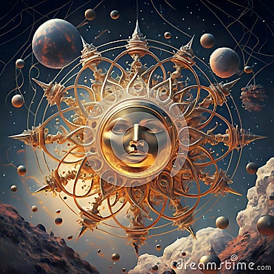 The sun golden symbol against cosmos background. Digital artwork. Ai generated Stock Photo