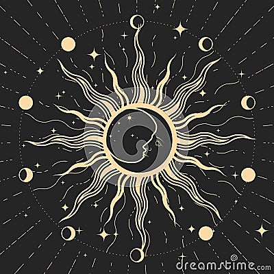 Sun and half-moon with face, lunar phase, star with wavy rays, witchcraft and astrology emblem, occultism seal, tarot magic sign Vector Illustration