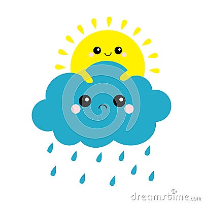 Sun holding cloud set. Rain drop weather. Smiling and sad face. Friends forever. Fluffy clouds. Cute cartoon cloudscape. Cloudy we Vector Illustration