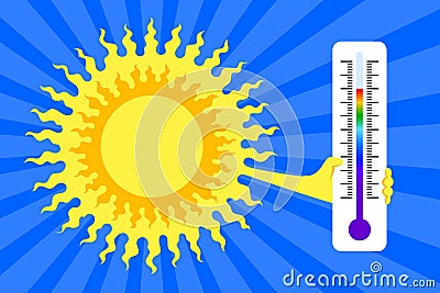 Sun is holding thermometer, concept of high temperature outside Vector Illustration