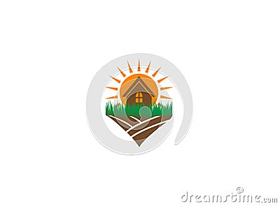 Sun and home in the farm for logo design illustration Cartoon Illustration