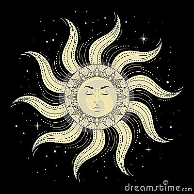 Sun with human face on black background, vintage mystic symbol art. Vector illustration Vector Illustration