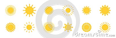 Sun icon set. Summer sunny shape. Star symbol. Sunbeam silhouette. Temperature logo. Sunlight symbol. Sunrise light Vector Illustration