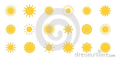 Sun icon set. Summer sunny shape. Sunbeam silhouette. Sunlight symbol. Star symbol. Sunrise light. Temperature logo Vector Illustration