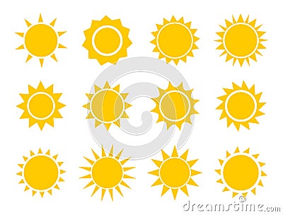 Sun icons collection. Summer suns flat design set Vector Illustration