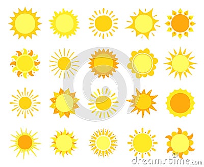 Sun icons. Sunshine, hot summer and sunrise symbols, gold sunlight circles, solar and sunny weather signs vector set Vector Illustration