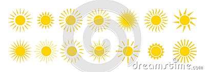 Sun icons. Yellow summer sunrise and sunset. Cartoon graphic sunshine symbol. Sunny morning with sunlights. Set of orange circles Vector Illustration