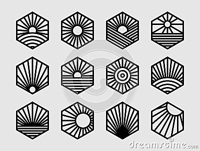 Sun line abstract hexagon logo design bundle. Modern sunrise line hexagonal logo Vector Illustration